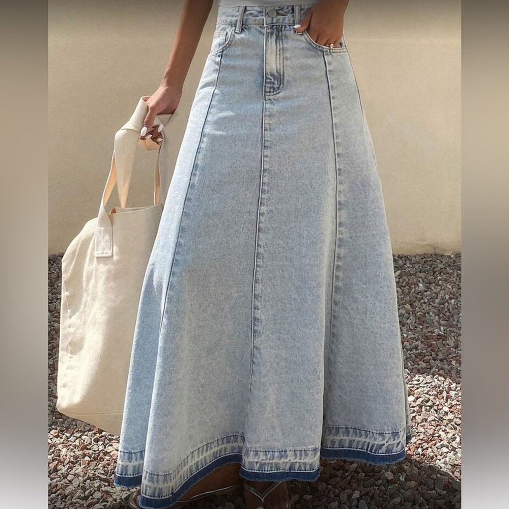 High-Waist Light Blue Denim A-Line Maxi Skirt